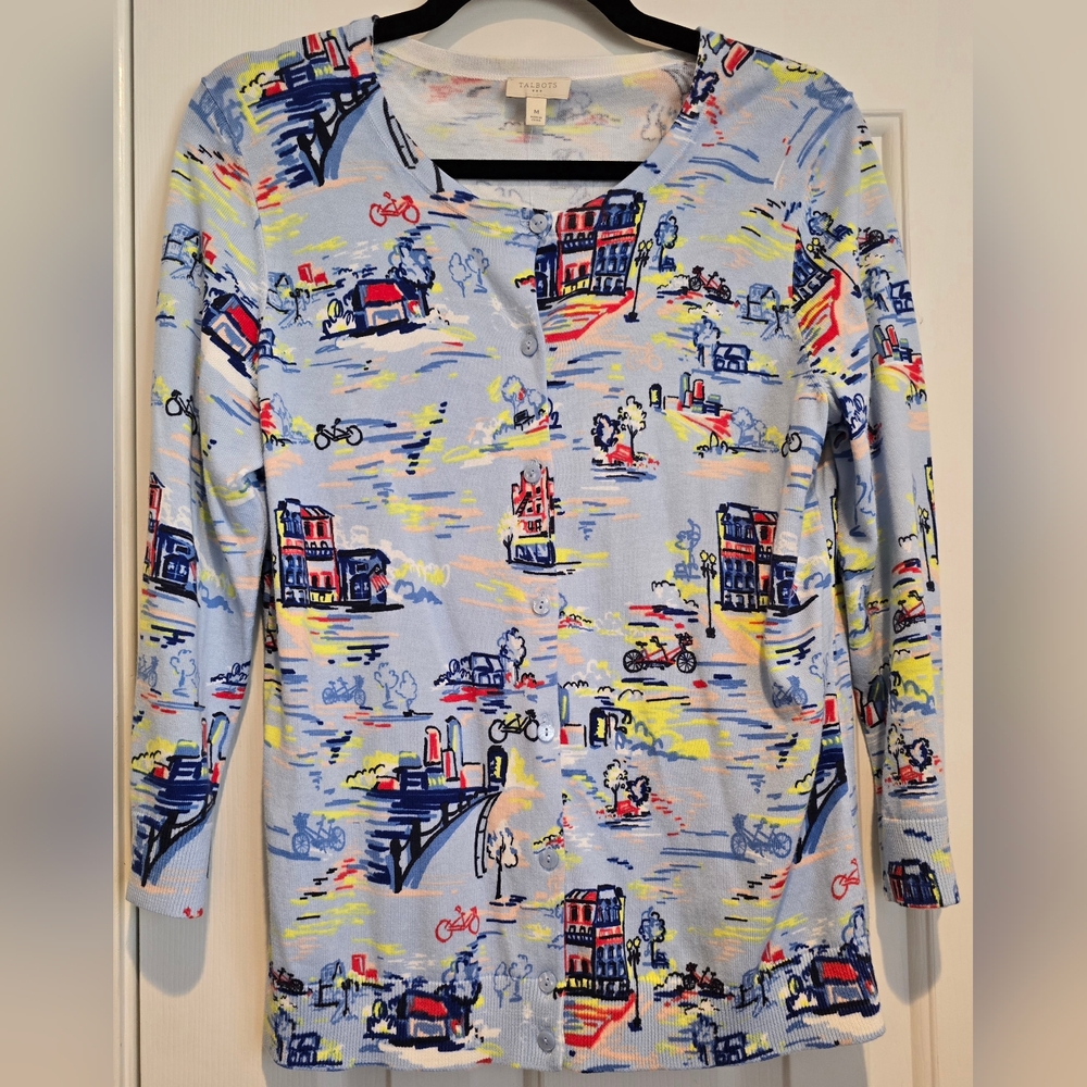 NWT women's Blue Cardigan Sz Med 3/4 Sleeve Transit City Cotton & Rayon Talbots